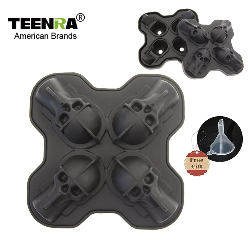

TEENRA 3D Skull Ice Cube Maker 4 Cavity Skull Shape Ice Cube Mold Maker Silicone Trays Mold Whiskey Chocolate Ice Cream Tools