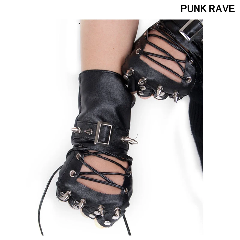 

Fashion Rock pu leather bandage Black Glove Mittens Steampunk Visual Kei Nail Motorcycle Unisex Bracelet Punk Rave S-104