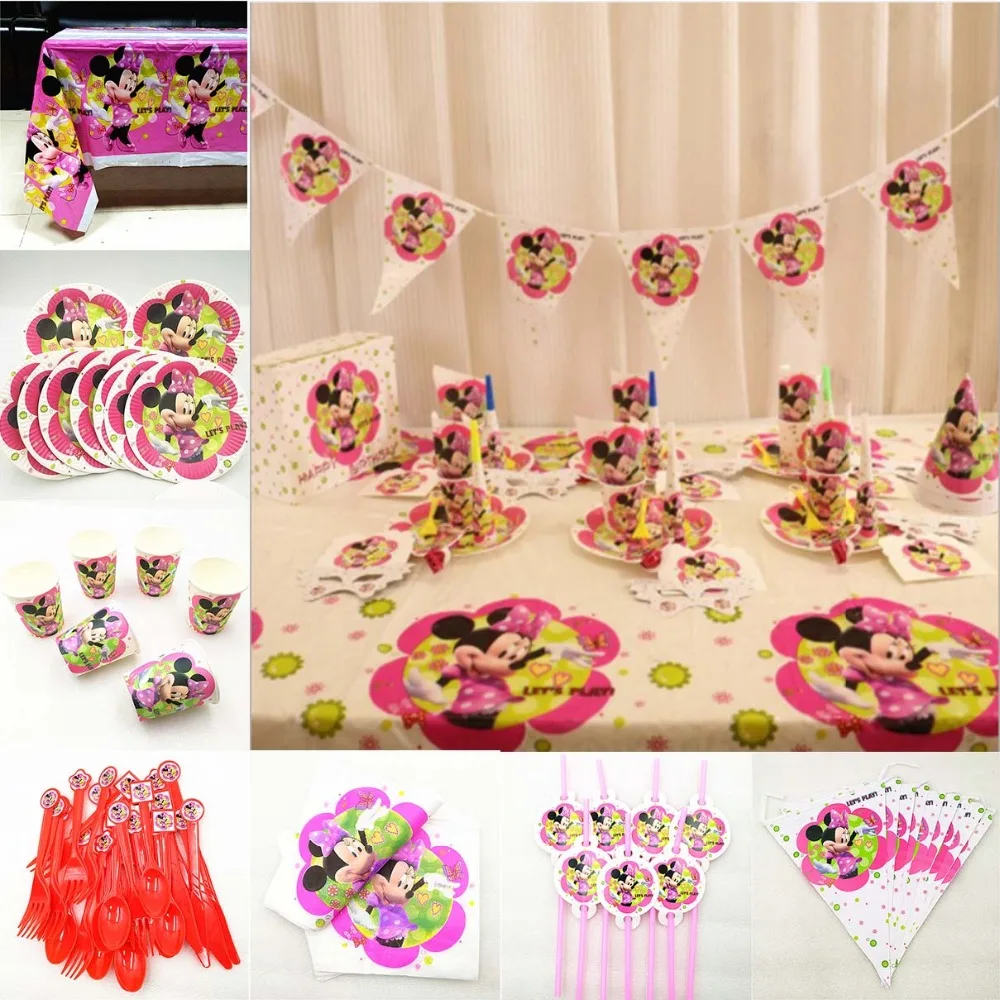 

Minnie Mouse Kids Birthday Party Supplies Disposable Tableware Plates Cup Tablecloth Baby Shower Decoration Event Favor Red Pink