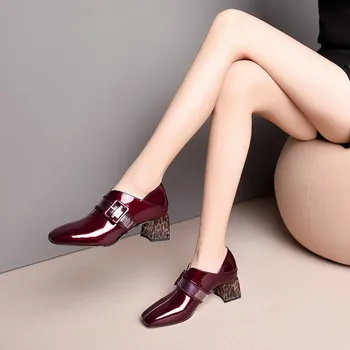 

MLJUESE 2019 women pumps Soft Cow leather buckle strap black color Rome style autumn spring square toe high heels pumps size 43