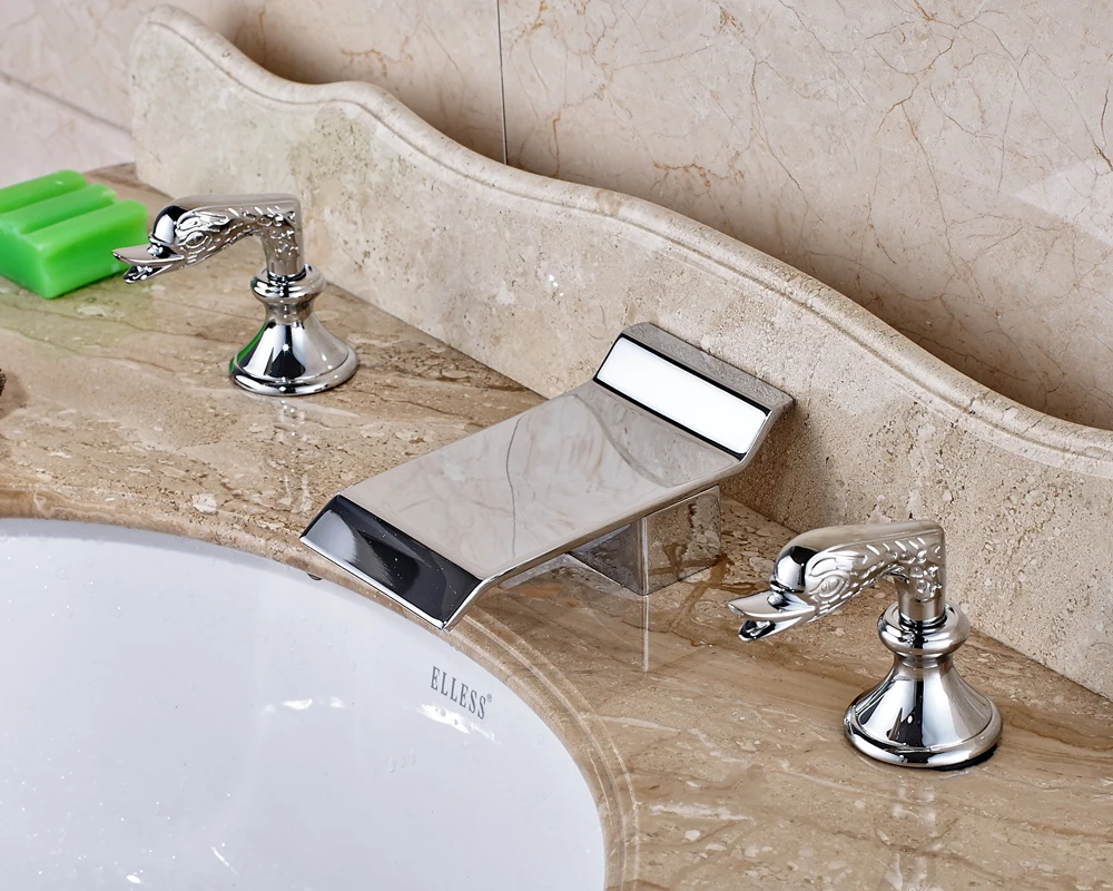 

Deck Mounted Dual Handles Bathroom Sink Faucet Widespread 3pcs Mixer Tap Chrome Polished