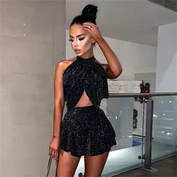 

Women Black Shinny Two Piece Summer Sets Short Skirts Crop Top Sleeveless Halter Sexy Women Sets Party Elegant Sexy Lady Sets