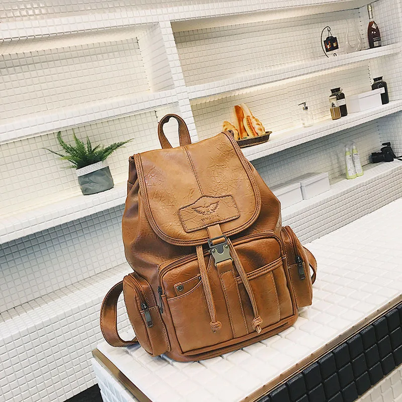 Высококачественный Женский винтажный рюкзак из искусственной кожи, Женская Большая вместительная сумка, коричневая большая школьная сумка для девушек