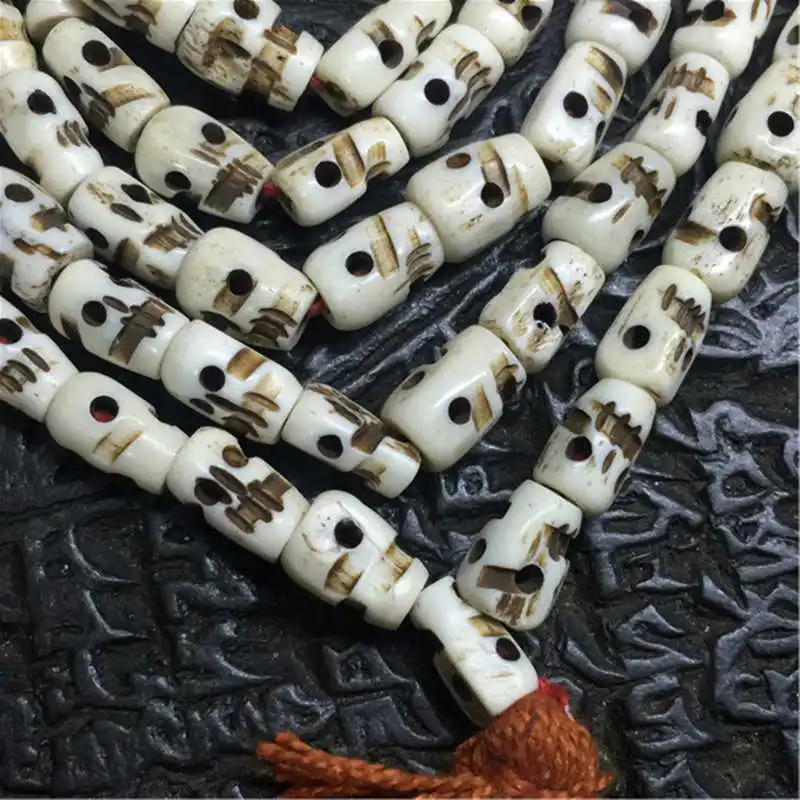 Men Necklace Mala Skull Head Totem 108 Tibetan Yak bone Skull Rosary Hand Carved Prayer Beads