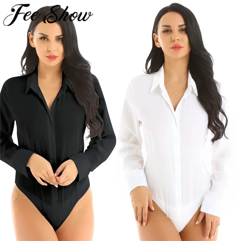 

Office Lady Work White Bodysuit Women's One Piece Long Sleeve OL Shirt Clothing Lady Turn Down Collar Tops Body Blouse Suit
