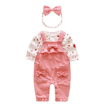 

Newborn Baby Girl Clothes Bow Romper Clothing Set Cotton Printed T-shirt+Headband+back band pants 3 PCS Cute Infant Rompers