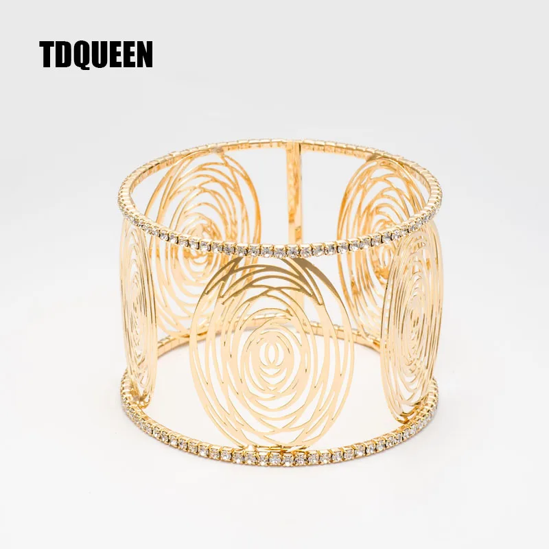 Fashion Wide Cuff Bracelets for Women Gold Color Metal Sparkly Crystal Rhinestone Round Flower Open Bangle Bracelet (2)