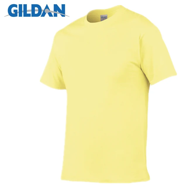 1 PCS Gildan Quality Men's Summer 100% Cotton T-Shirt Men Casual Short Sleeve O-Neck T Shirt Comfortable Solid Tops Tees Corn silk color