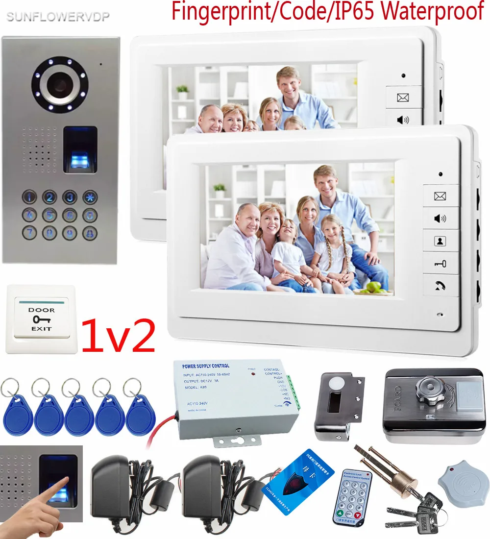 

SUNFLOWERVDP Video Doorphone Fingerprint/Code Unlock CCD Camera For Door With Rfid Cards Outdoor Door Lock 7" Color Indoor 2 pcs