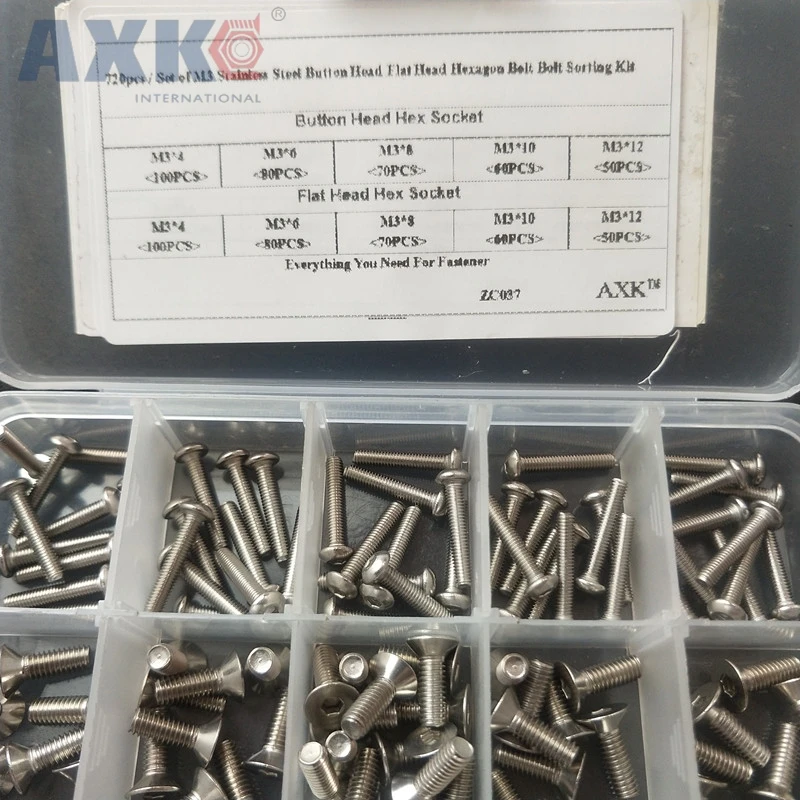 

AXK 720pcs/set M3 Stainless Steel Button Head Flat Head Hex Socket Screw Bolts Assortment Kit Fastener Hardware With Box ZC037