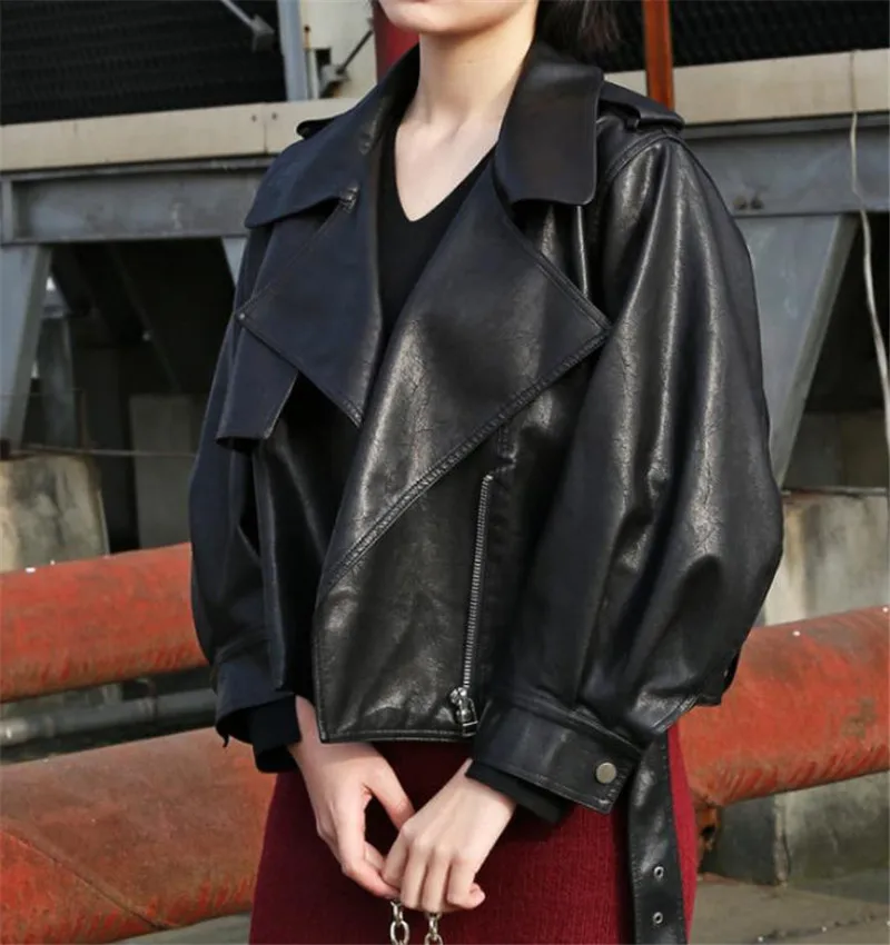 

Fashion Casual Personality Simple Women's Wear PU Leather Jacket Coats European and American Trend Wash Locomotive Jackets