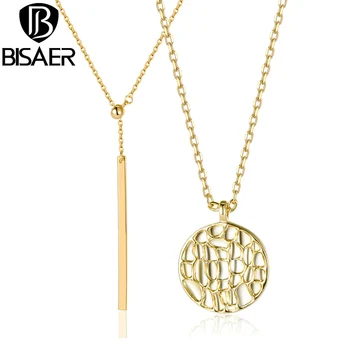 

BISAER Vintage Simple Gold Color Bar Coin Necklaces Pendant for Women Geometric Line Bar Long Chain Necklace Jewelry WEYN069