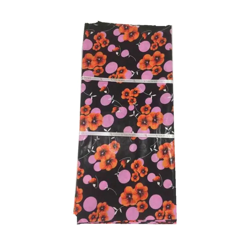

Black color Damask Shadda Printed Guinea Brocade Fabric with Flower Pattern in 10 yards per piece