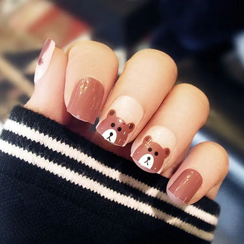

24pcs Tips for Children Kids False Nails Lovely Brown Bear Acrylic Fake Nails Clear French Nails