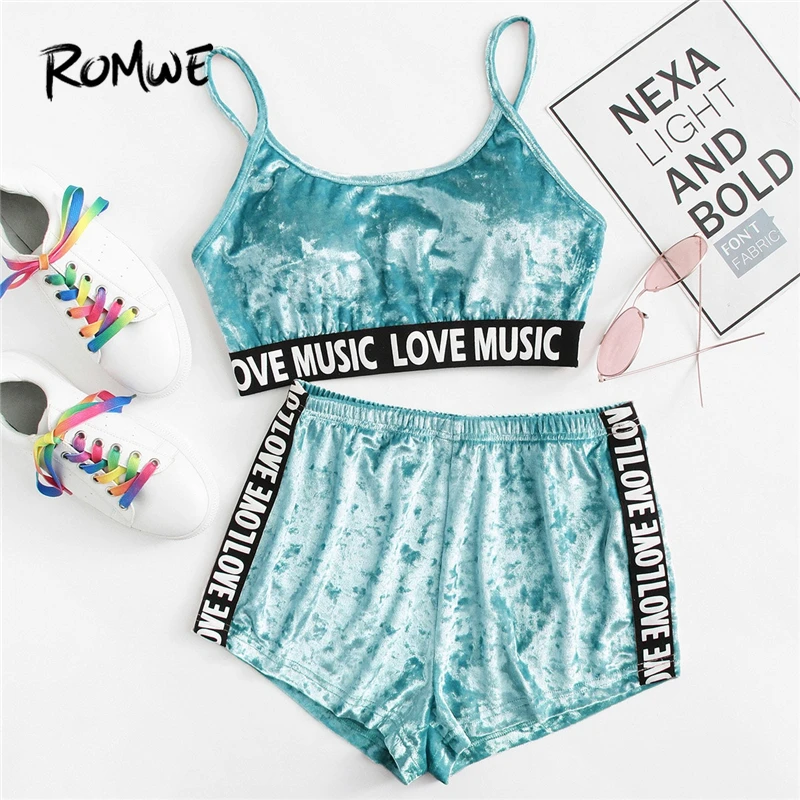 

ROMWE Printed Tape Detail Crushed Velvet Lingerie Set Women Summer 2 Piece Set Spaghetti Strap Turquoise Vest And Shorts Sets
