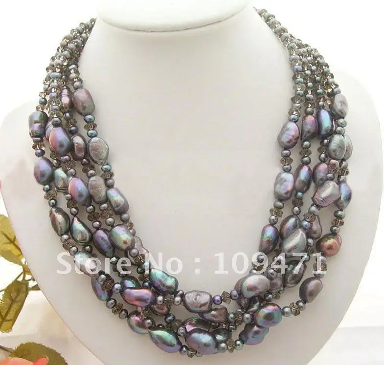 

5Strds Black Pearl&Smoky Crystal Baroque Pearl Necklace