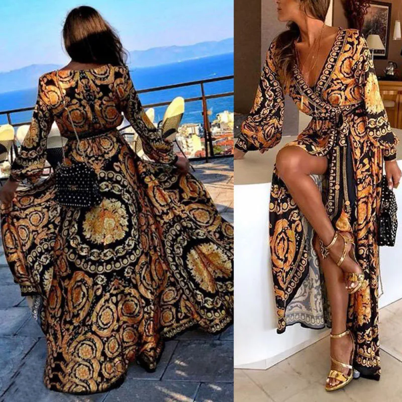 

Yellow Dress Long Women's V-neck Beach Summer Printed Maxi Dress S~2XL Boho Style Polyester Hot Sale Casual Comfy