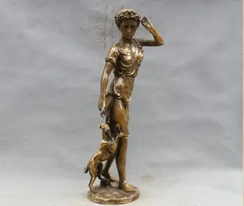 

26 Western Art Decor Copper Bronze woman girl and Dog sculpture