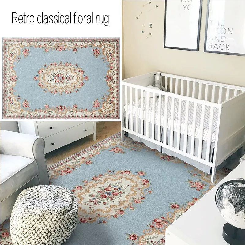 Vintage classical blue floral bedside rug ,big size living room carpet, retro decoration coffee table carpet