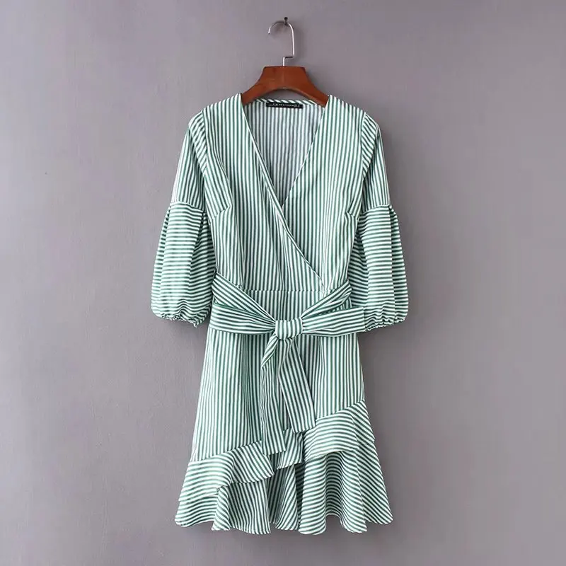 

2018 women elegant puff sleeve green striped hem ruffles casual dress fashion summer vestidos bowknot sashes mini dresses DS717