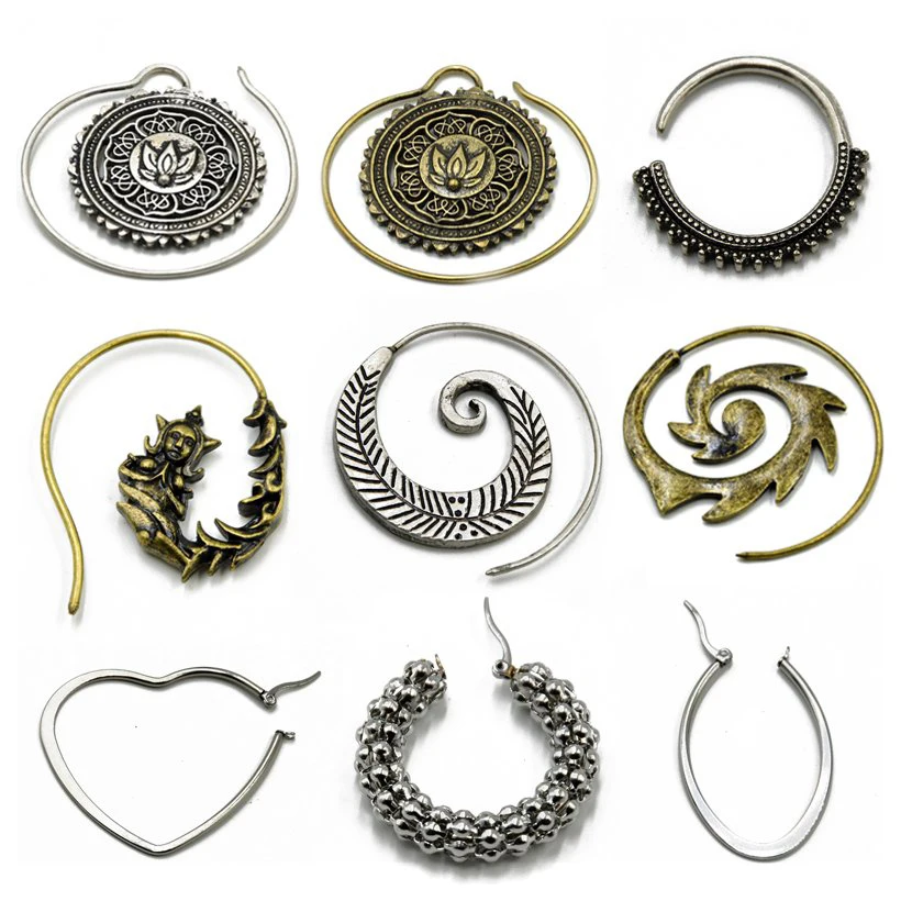 

PAIR Fashion Brass Copper Tribal Indian Spiral Drop Earring Weight Charming Lotus Flower Vintage Surya Hoop Ear Piercing Jewelry