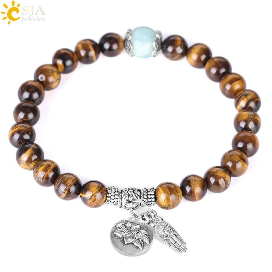 CSJA Natural Stone Tiger Eye Amazonite Bracelet Balance Healing Bracelets Buddha's Palm 8mm Polished Bead Women Men Jewelry F386 |