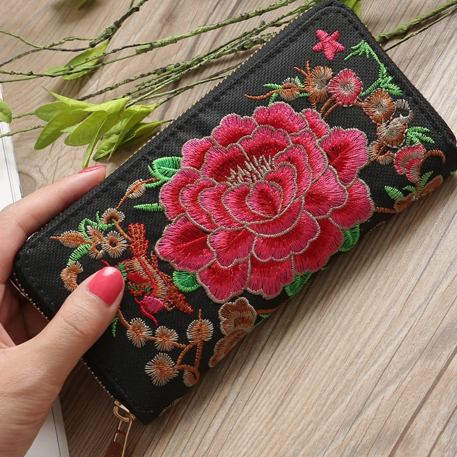 

Embroidery Floral Wallet Women PU Leather Long Zip Purse Wallet For Credit Card Holder Bohemia Big Clutch Money Bag 2019 Spring