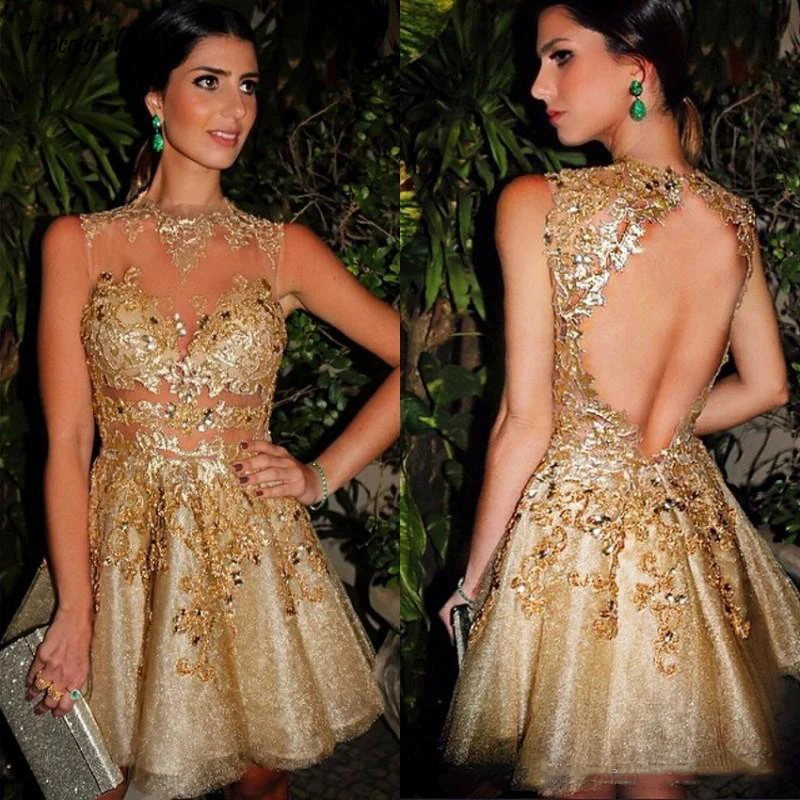 

2019 Gold Illusion Tulle Lace Short Cocktail Dresses Short Backless Lace Party Dresses Custom made