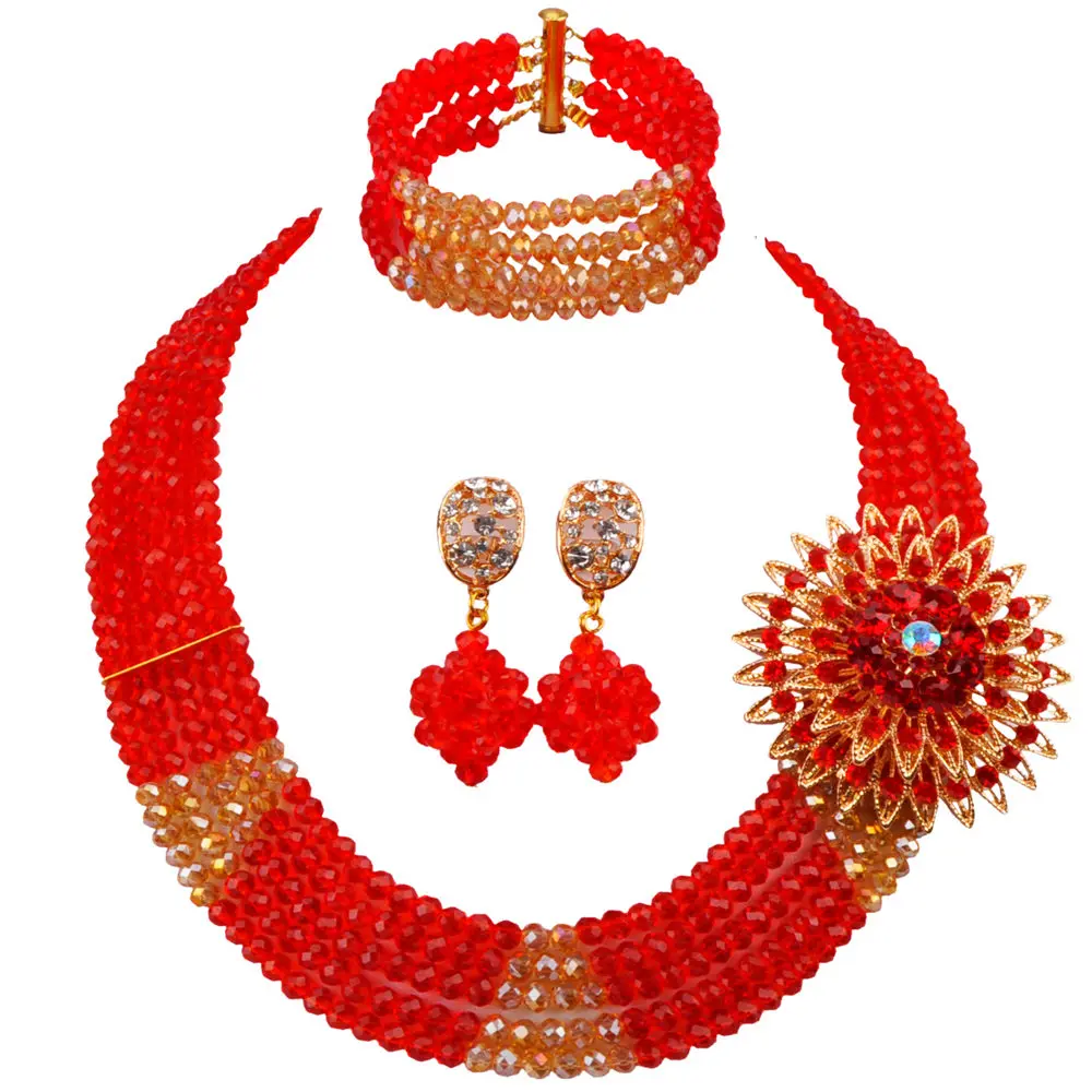 

Red and Champagne Gold AB Crystal African Necklace Beads Jewelry Set for Women 3JK10