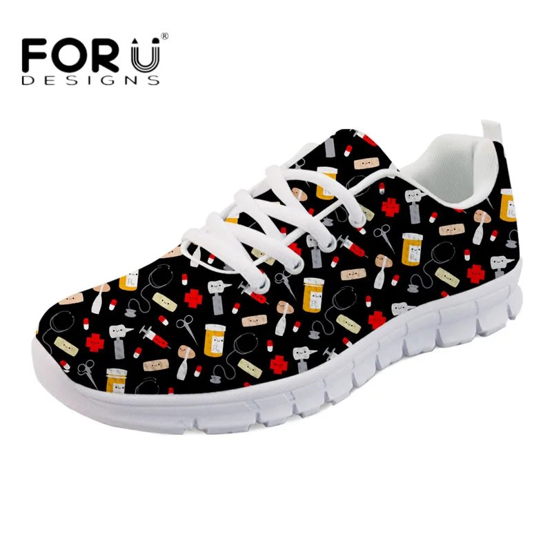 FORUDESIGNS Cute Cartoon Doctor Print Women Casual Black Flats Breathable Mesh Zapatos for Ladies Girls Light Weight Flat Shoes