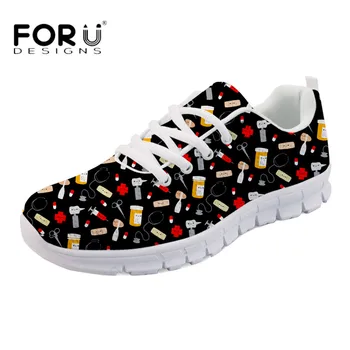 

FORUDESIGNS Cute Cartoon Doctor Print Women Casual Black Flats Breathable Mesh Zapatos for Ladies Girls Light Weight Flat Shoes