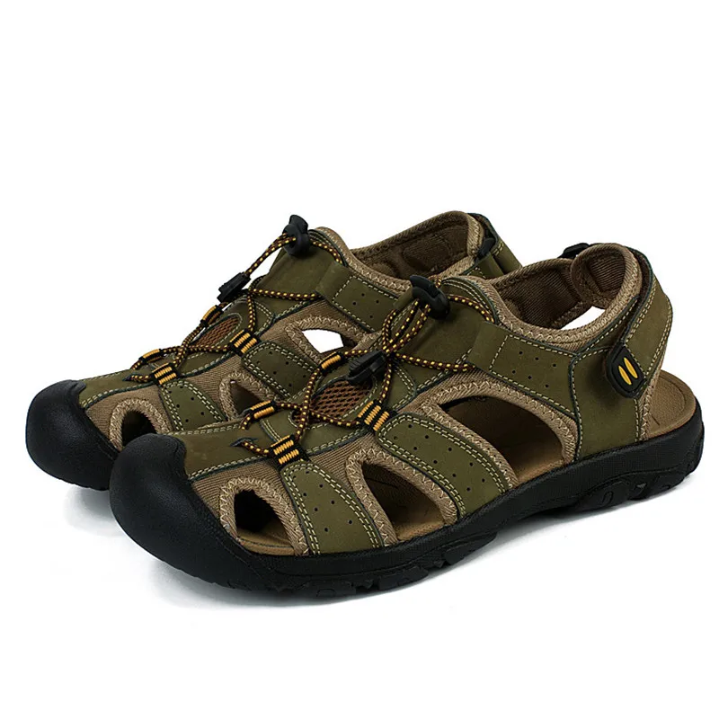 LIN KING Plus Size 50 Men Sandals Genuine Leather Summer Beach Sandals Soft Sole Casual Sports Sandals Comfortable Outdoor Shoes