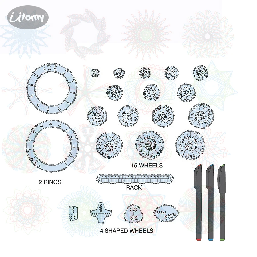

Spirograph Drawing Design Set 22pcs Accessories Creative Spiral Interlocking Gears Wheels and 3pcs Design Pens Educational toys
