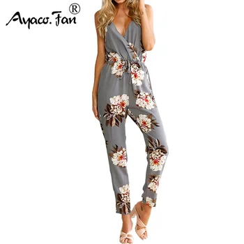 

Sexy Jumpsuits 2019 Summer Rompers V-Neck Sleeveless Women Jumpsuit with Lace Up Sash Floral Printed Playsuit Party Trousers New