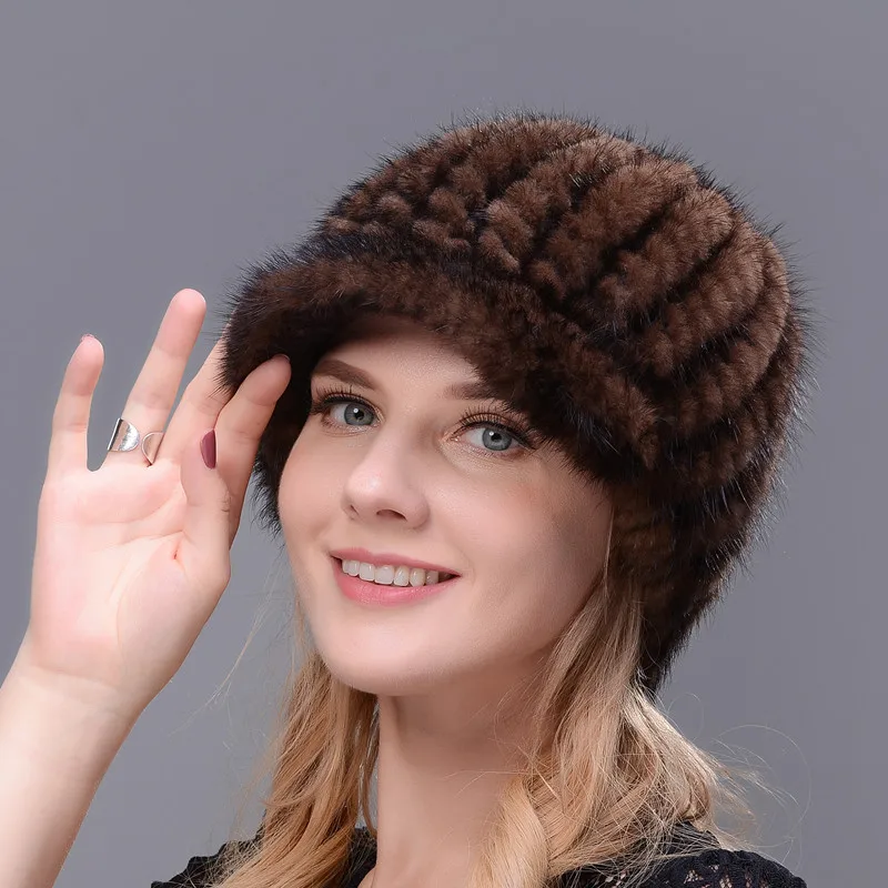 

Real Fur Knitted Real Natural Mink Fur Cap For Women Winter Avoid Wind And Snow Good Quality Female Mink Peaked Cap Ear Warm