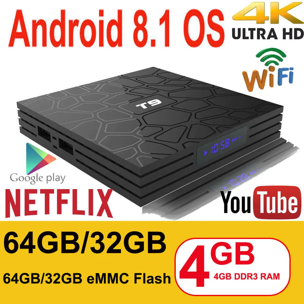 

Android 8.1 Smart TV Box ibopaida T9 4GB RAM 32GB/64GB ROM Rockchip RK3328 H.265 4K Optional 2.4G/5Ghz Dual WIFI TVbox Set top b