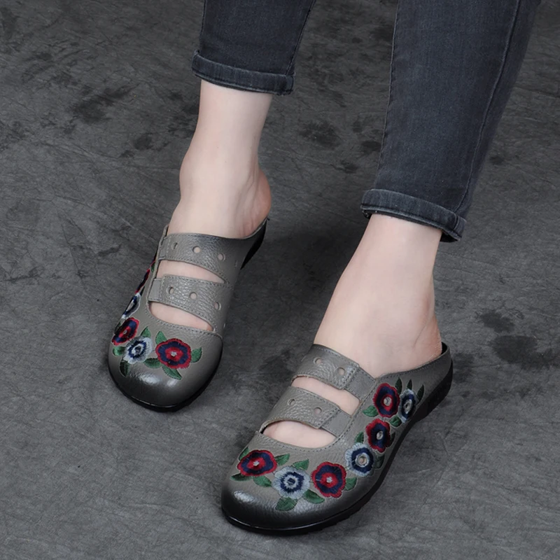 

Women Leather Slippers Mules 2019 Summer Shoes Ladies Casual Slippers Flower Handmade Genuine Leather Women Outdoor Slipper