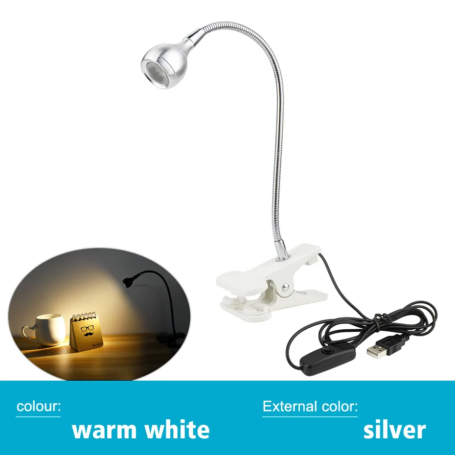 Светодиодный настольный светильник с зажимом USB Гибкая Настольная лампа для чтения для учебы настольная лампа 5 В 3 Вт алюминиевая настольная лампа USB - Цвет корпуса: Silver Warm White