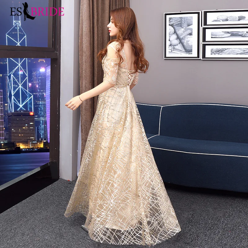 Gorgeous Champagne Evening Dresses Lace Women Elegant Prom Dress Formal Holiday Gown Short Sleeve Evening Dress ES1802