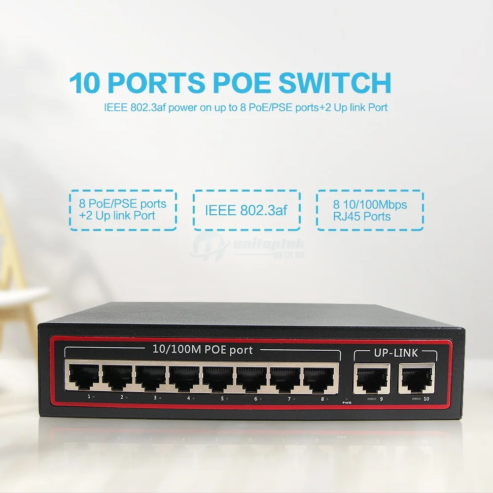 10 портов PoE Switch 8Ch с 2 портами настольный коммутатор Fast Ethernet 100 Мбит/с сетевой ip-камеры питание