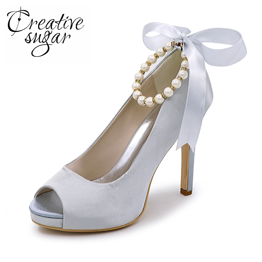 Creativesugar Pearls ankle strap ribbon tie bridal open toe weddin platform  dress shoes pink royal blue quinceanera ivory shoes|platform dress shoes|ivory  shoesshoes pink - AliExpress