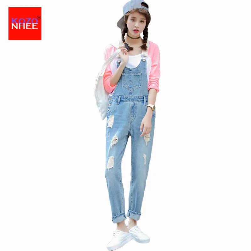 Women Ripped Denim Jumpsuits Casual Hole Romper Denim Pencil Overalls