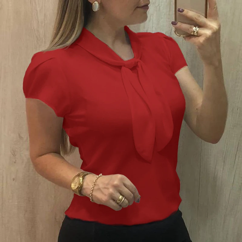 Summer Womens Short Sleeve High Quality Solid Chiffon Bow Knot Shirt Ladies Office Work Tops Crew Neck Multicolor S-5XL Blouse