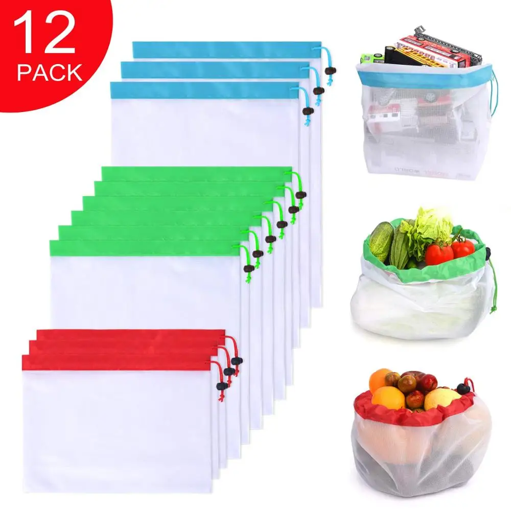 

12PCS Reusable Bags Vegetables Storage Bags Fruit Bag Environmentally Friendly Mesh Produce Bag Toys Grocery Shopping Storage