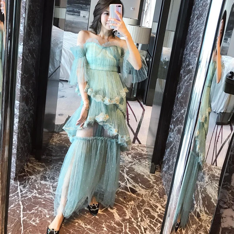 

Patry Maxi Dresses Brand Fashion Women's High-end Luxury Summer Elegant Lace Stitching Embroidered fungus Slim Dress