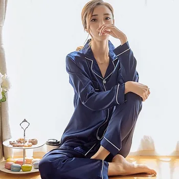 

Loose Silk Satin Sleepwear Women Pajamas Set Striped Single Breasted Long Sleeve Tops Long Pant Two Piece Pijama Sets