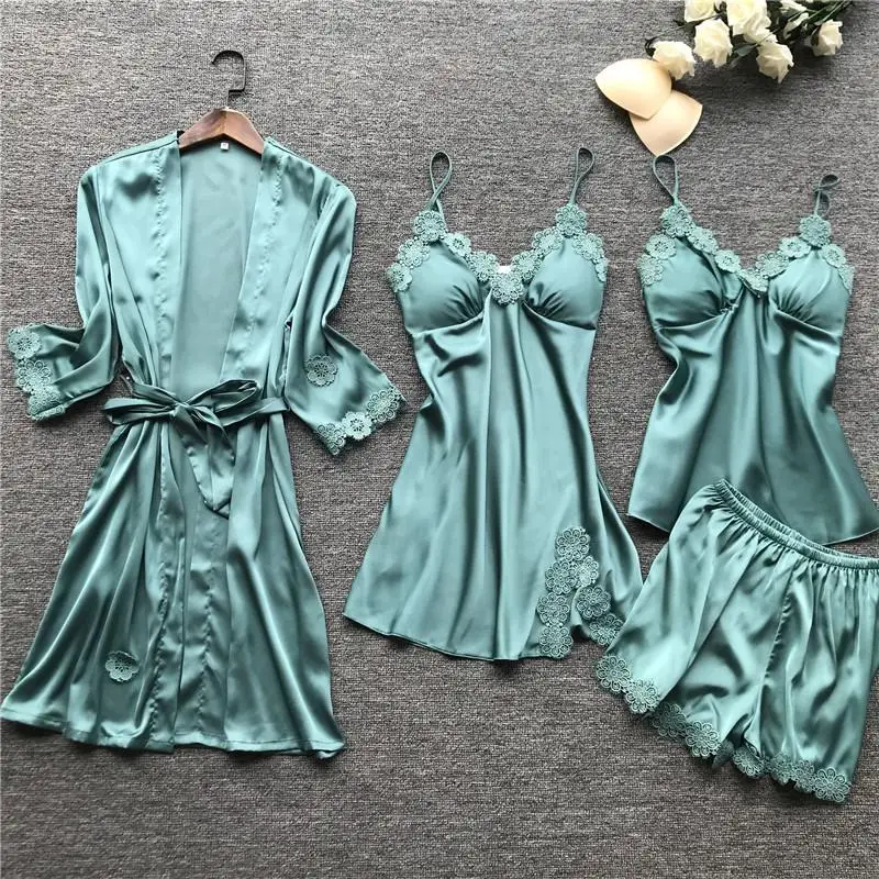 Female Flower 4PCS Kimono Robe Bathrobe Gown Sleepwear Sexy Lace Intimate Lingerie Home Clothes Summer Casual Nightwear With Bra - Цвет: Crow Blue