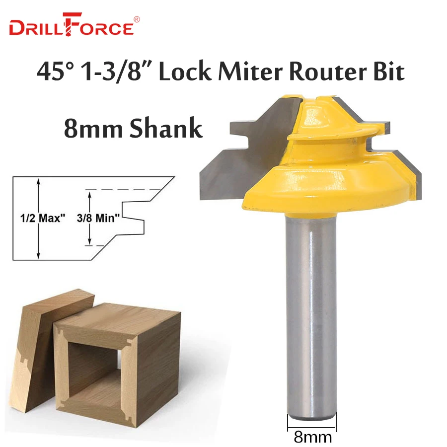 

45 Degree -Up to 1/2" Lock Miter Router Bit 8mm Shank Tenon Cutter Milling Cutters For MDF Plywood Wood Cutter Woodworking Tools