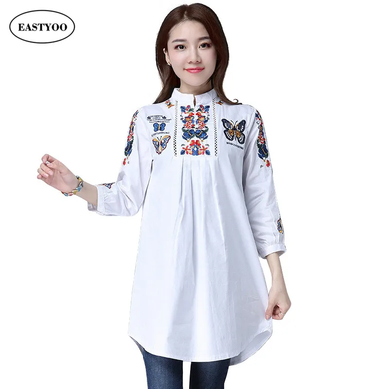 Women Cotton Blouses Summer 2017 Butterfly Embroidery Blouses Plus Size ...