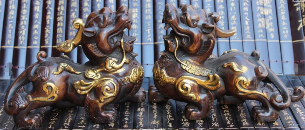 

8"Chinese Bronze Gilt Wealth Money Fengshui Dragon Beast Pixiu Brave troops Pair